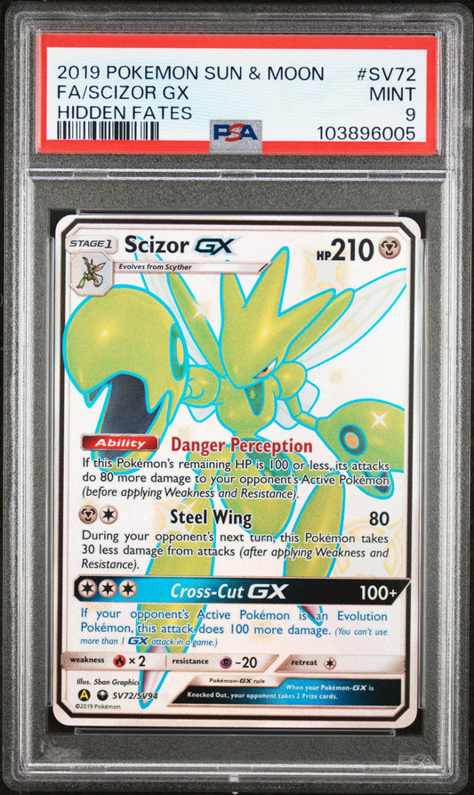 FA/SCIZOR GX SV72/SV94 Common POKEMON SUN & MOON HIDDEN FATES HIDDEN FATES PSA9 MINT 9 PSA population 1267 <a href=https://www.psacard.com/cert/103896005/psa>https://www.psacard.com/cert/103896005/psa</a>