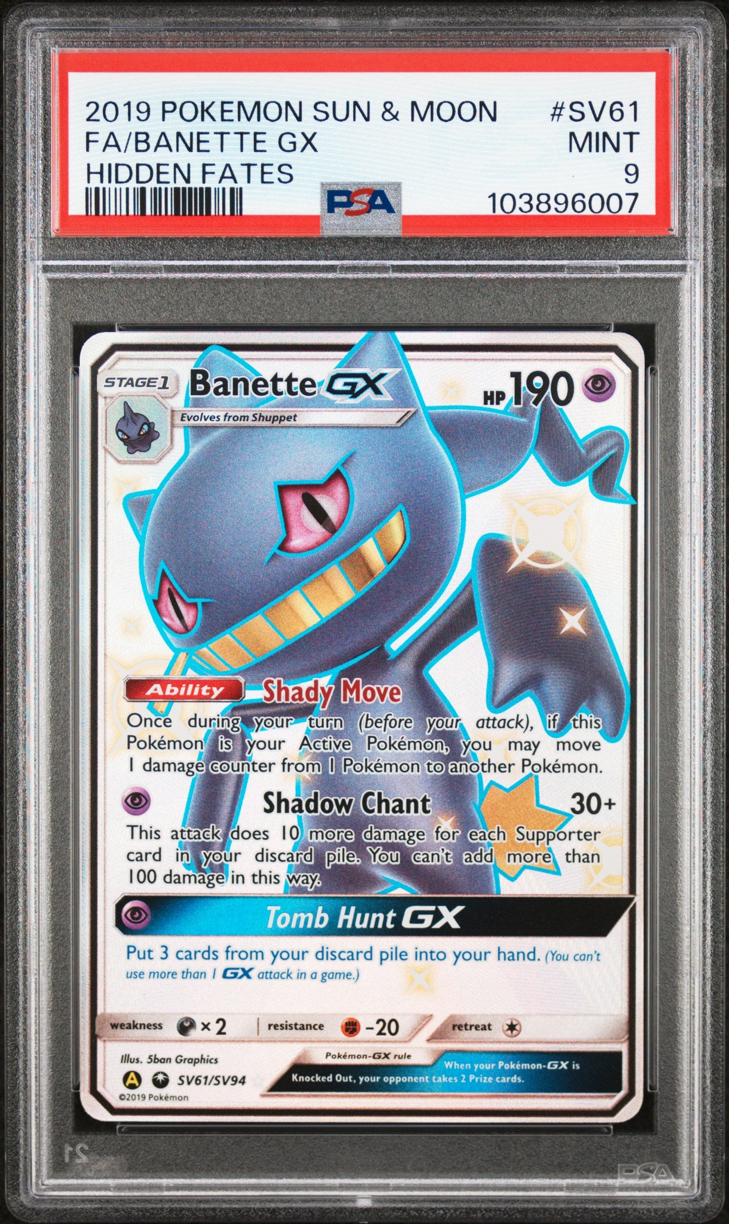 FA/BANETTE GX SV61/SV94 Common POKEMON SUN & MOON HIDDEN FATES HIDDEN FATES PSA9 MINT 9 PSA population 885 <a href=https://www.psacard.com/cert/103896007/psa>https://www.psacard.com/cert/103896007/psa</a>