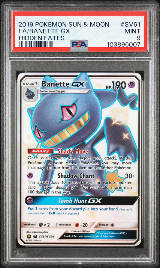 FA/BANETTE GX SV61/SV94 Common POKEMON SUN & MOON HIDDEN FATES HIDDEN FATES PSA9 MINT 9 PSA population 885 <a href=https://www.psacard.com/cert/103896007/psa>https://www.psacard.com/cert/103896007/psa</a>
