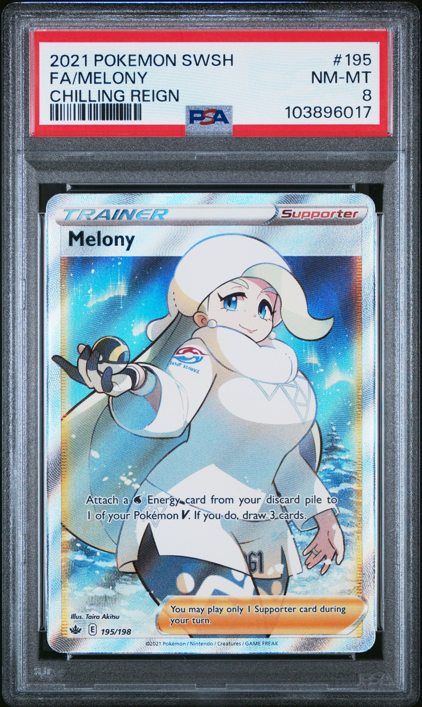 FA/MELONY 195/198 Common POKEMON SWORD & SHIELD CHILLING REIGN CHILLING REIGN PSA8 NM-MT 8 PSA population 62 <a href=https://www.psacard.com/cert/103896017/psa>https://www.psacard.com/cert/103896017/psa</a>