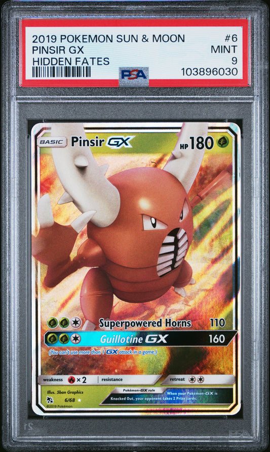PINSIR GX 6/68 Common POKEMON SUN & MOON HIDDEN FATES HIDDEN FATES PSA9 MINT 9 PSA population 339 <a href=https://www.psacard.com/cert/103896030/psa>https://www.psacard.com/cert/103896030/psa</a>