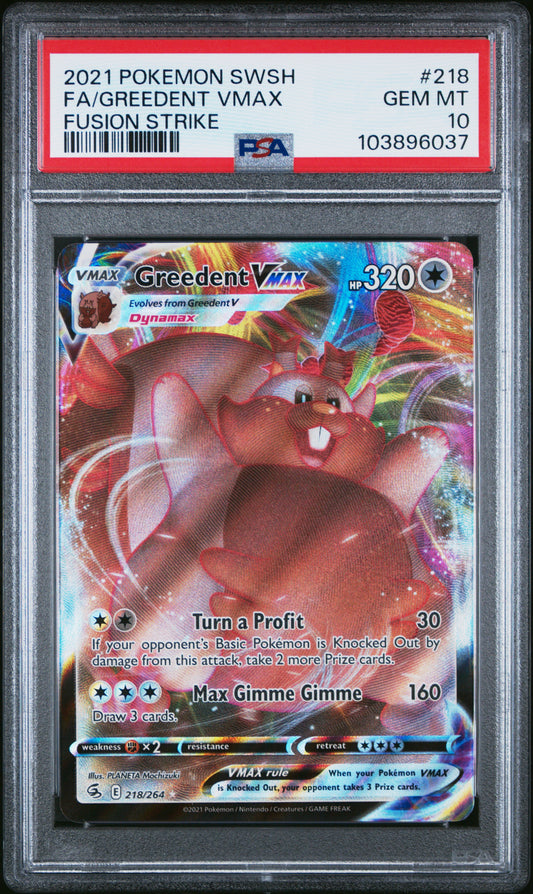 FA/GREEDENT VMAX 218/264 Common POKEMON SWORD & SHIELD FUSION STRIKE FUSION STRIKE PSA10 GEM MT 10 PSA population 71 <a href=https://www.psacard.com/cert/103896037/psa>https://www.psacard.com/cert/103896037/psa</a>
