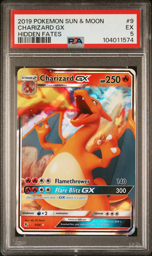 CHARIZARD GX 9/68 Common POKEMON SUN & MOON HIDDEN FATES HIDDEN FATES PSA5 EX 5 PSA population 70 <a href=https://www.psacard.com/cert/104011574/psa>https://www.psacard.com/cert/104011574/psa</a>