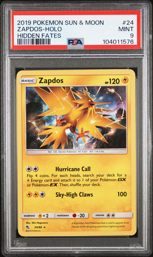 ZAPDOS-HOLO 24/68 Common POKEMON SUN & MOON HIDDEN FATES HIDDEN FATES PSA9 MINT 9 PSA population 546 <a href=https://www.psacard.com/cert/104011576/psa>https://www.psacard.com/cert/104011576/psa</a>