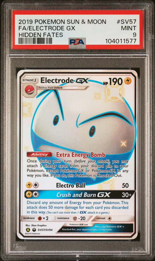 FA/ELECTRODE GX SV57/SV94 Common POKEMON SUN & MOON HIDDEN FATES HIDDEN FATES PSA9 MINT 9 PSA population 654 <a href=https://www.psacard.com/cert/104011577/psa>https://www.psacard.com/cert/104011577/psa</a>