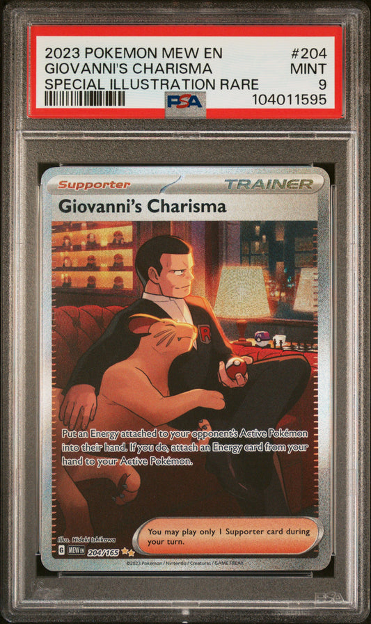 GIOVANNI'S CHARISMA 204/165 Common POKEMON MEW EN-151 SPECIAL ILLUSTRATION RARE PSA9 MINT 9 PSA population 5259 <a href=https://www.psacard.com/cert/104011595/psa>https://www.psacard.com/cert/104011595/psa</a>