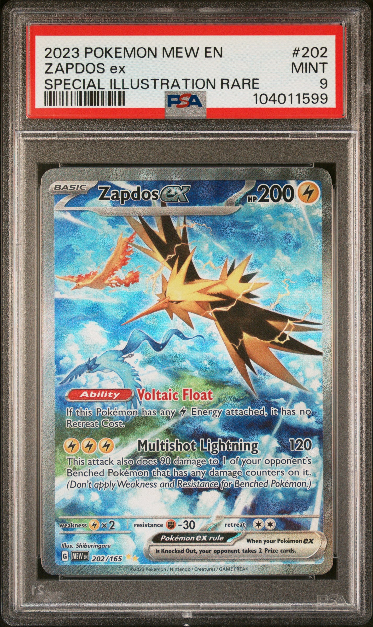 ZAPDOS EX 202/165 Common POKEMON MEW EN-151 SPECIAL ILLUSTRATION RARE PSA9 MINT 9 PSA population 16080 <a href=https://www.psacard.com/cert/104011599/psa>https://www.psacard.com/cert/104011599/psa</a>