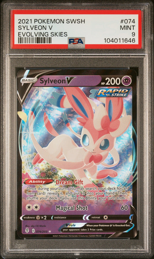 SYLVEON V 74/203 Common POKEMON SWORD & SHIELD EVOLVING SKIES EVOLVING SKIES PSA9 MINT 9 PSA population 207 <a href=https://www.psacard.com/cert/104011646/psa>https://www.psacard.com/cert/104011646/psa</a>