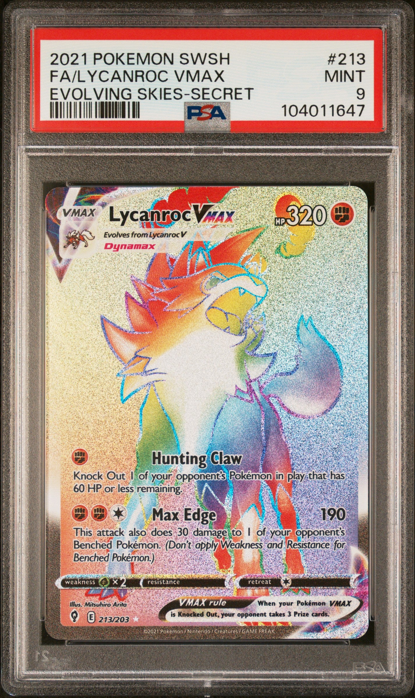 FA/LYCANROC VMAX 213/203 Common POKEMON SWORD & SHIELD EVOLVING SKIES EVOLVING SKIES-SECRET PSA9 MINT 9 PSA population 55 <a href=https://www.psacard.com/cert/104011647/psa>https://www.psacard.com/cert/104011647/psa</a>