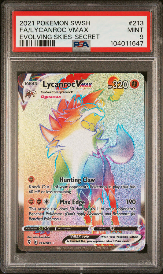 FA/LYCANROC VMAX 213/203 Common POKEMON SWORD & SHIELD EVOLVING SKIES EVOLVING SKIES-SECRET PSA9 MINT 9 PSA population 55 <a href=https://www.psacard.com/cert/104011647/psa>https://www.psacard.com/cert/104011647/psa</a>