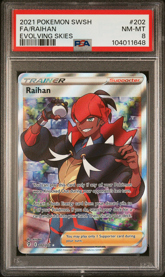 FA/RAIHAN 202/203 Common POKEMON SWORD & SHIELD EVOLVING SKIES EVOLVING SKIES PSA8 NM-MT 8 PSA population 24 <a href=https://www.psacard.com/cert/104011648/psa>https://www.psacard.com/cert/104011648/psa</a>