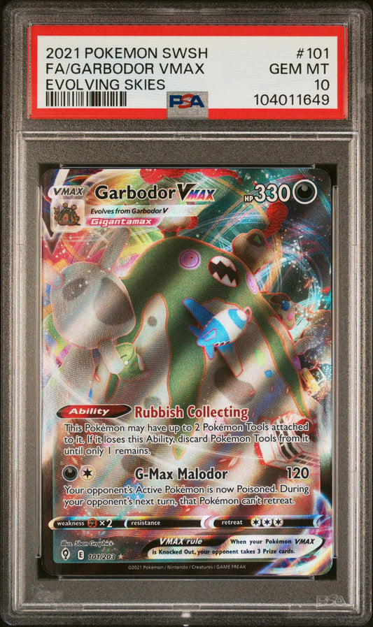 FA/GARBODOR VMAX 101/203 Common POKEMON SWORD & SHIELD EVOLVING SKIES EVOLVING SKIES PSA10 GEM MT 10 PSA population 134 <a href=https://www.psacard.com/cert/104011649/psa>https://www.psacard.com/cert/104011649/psa</a>