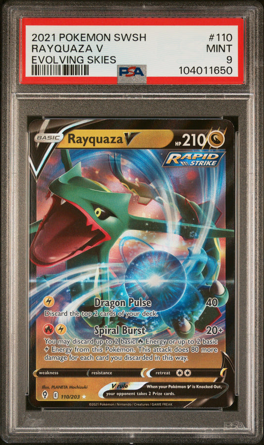 RAYQUAZA V 110/203 Common POKEMON SWORD & SHIELD EVOLVING SKIES EVOLVING SKIES PSA9 MINT 9 PSA population 272 <a href=https://www.psacard.com/cert/104011650/psa>https://www.psacard.com/cert/104011650/psa</a>