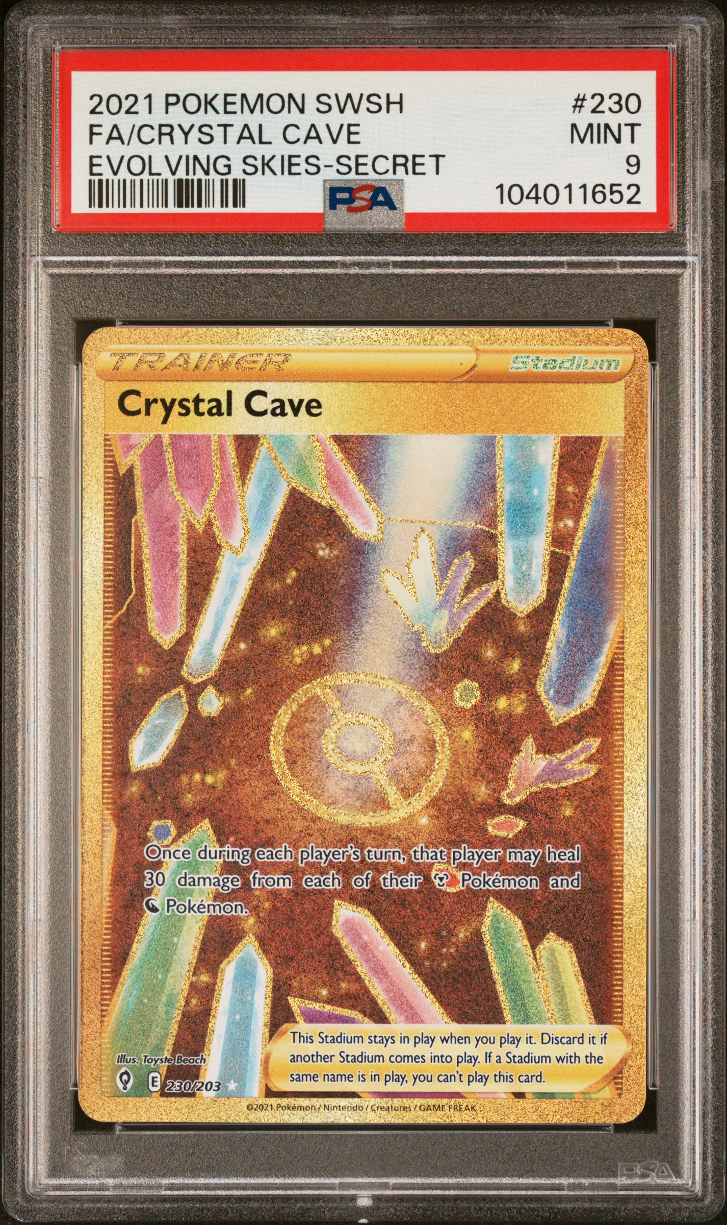 FA/CRYSTAL CAVE 230/203 Common POKEMON SWORD & SHIELD EVOLVING SKIES EVOLVING SKIES-SECRET PSA9 MINT 9 PSA population 87 <a href=https://www.psacard.com/cert/104011652/psa>https://www.psacard.com/cert/104011652/psa</a>