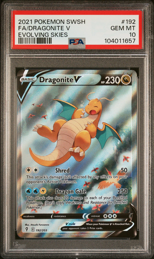 FA/DRAGONITE V 192/203 Common POKEMON SWORD & SHIELD EVOLVING SKIES EVOLVING SKIES PSA10 GEM MT 10 PSA population 8475 <a href=https://www.psacard.com/cert/104011657/psa>https://www.psacard.com/cert/104011657/psa</a>