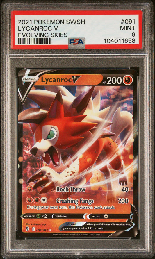 LYCANROC V 91/203 Common POKEMON SWORD & SHIELD EVOLVING SKIES EVOLVING SKIES PSA9 MINT 9 PSA population 34 <a href=https://www.psacard.com/cert/104011658/psa>https://www.psacard.com/cert/104011658/psa</a>