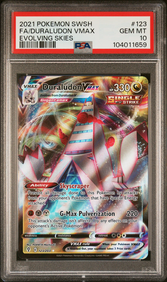FA/DURALUDON VMAX 123/203 Common POKEMON SWORD & SHIELD EVOLVING SKIES EVOLVING SKIES PSA10 GEM MT 10 PSA population 182 <a href=https://www.psacard.com/cert/104011659/psa>https://www.psacard.com/cert/104011659/psa</a>