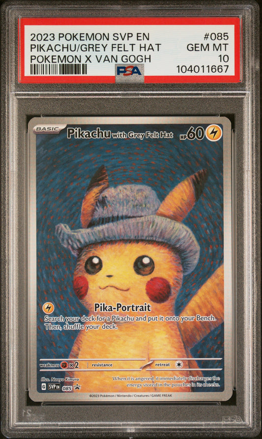 PIKACHU/GREY FELT HAT 85/SVP Common POKEMON SVP EN-SV BLACK STAR PROMO POKEMON X VAN GOGH PSA10 GEM MT 10 PSA population 42469 <a href=https://www.psacard.com/cert/104011667/psa>https://www.psacard.com/cert/104011667/psa</a>