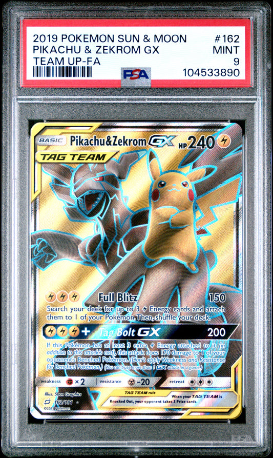 PIKACHU & ZEKROM GX 162/181 Common POKEMON SUN & MOON TEAM UP TEAM UP-FA PSA9 MINT 9 PSA population 395 <a href=https://www.psacard.com/cert/104533890/psa>https://www.psacard.com/cert/104533890/psa</a>
