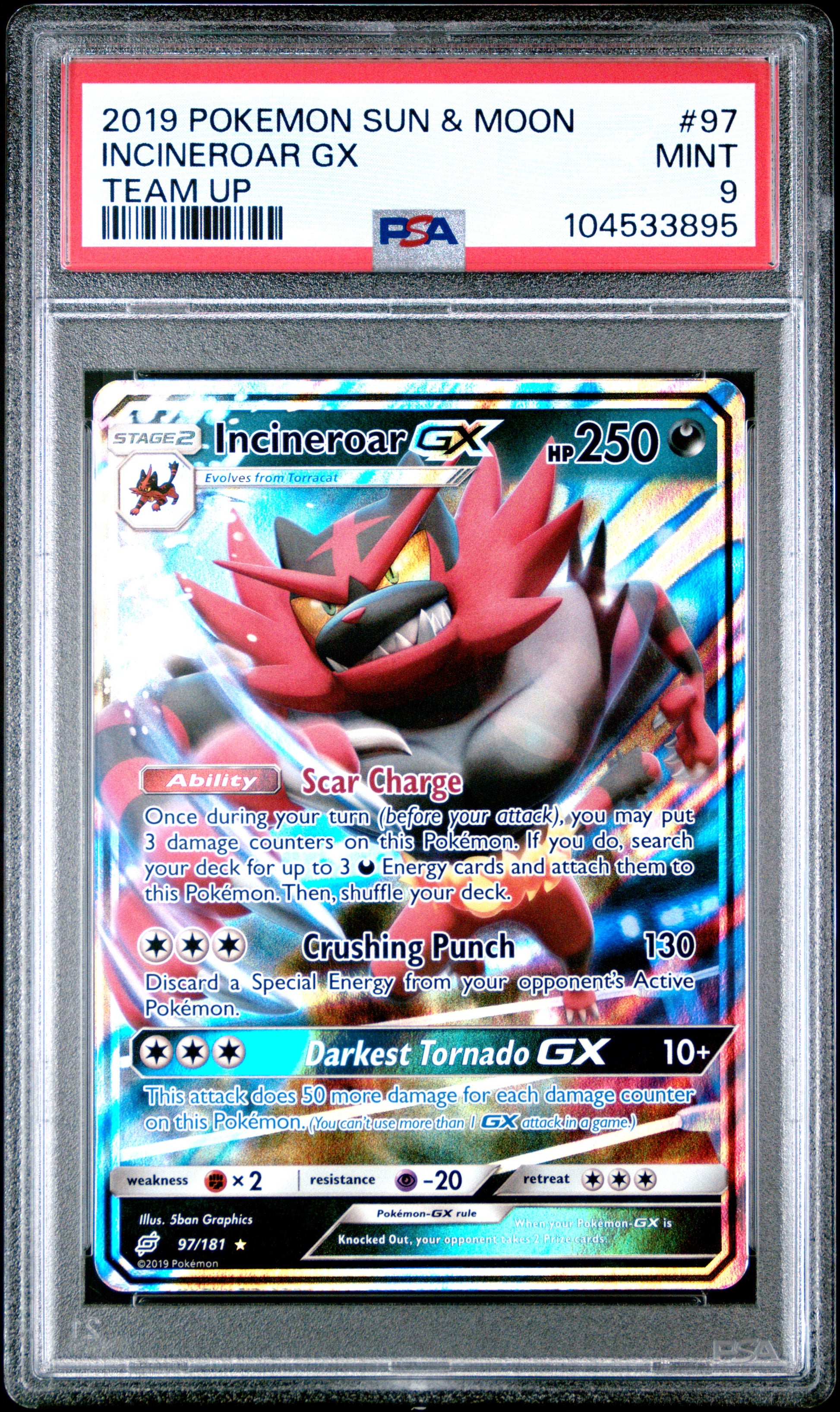 INCINEROAR GX 97/181 Common POKEMON SUN & MOON TEAM UP TEAM UP PSA9 MINT 9 PSA population 55 <a href=https://www.psacard.com/cert/104533895/psa>https://www.psacard.com/cert/104533895/psa</a>