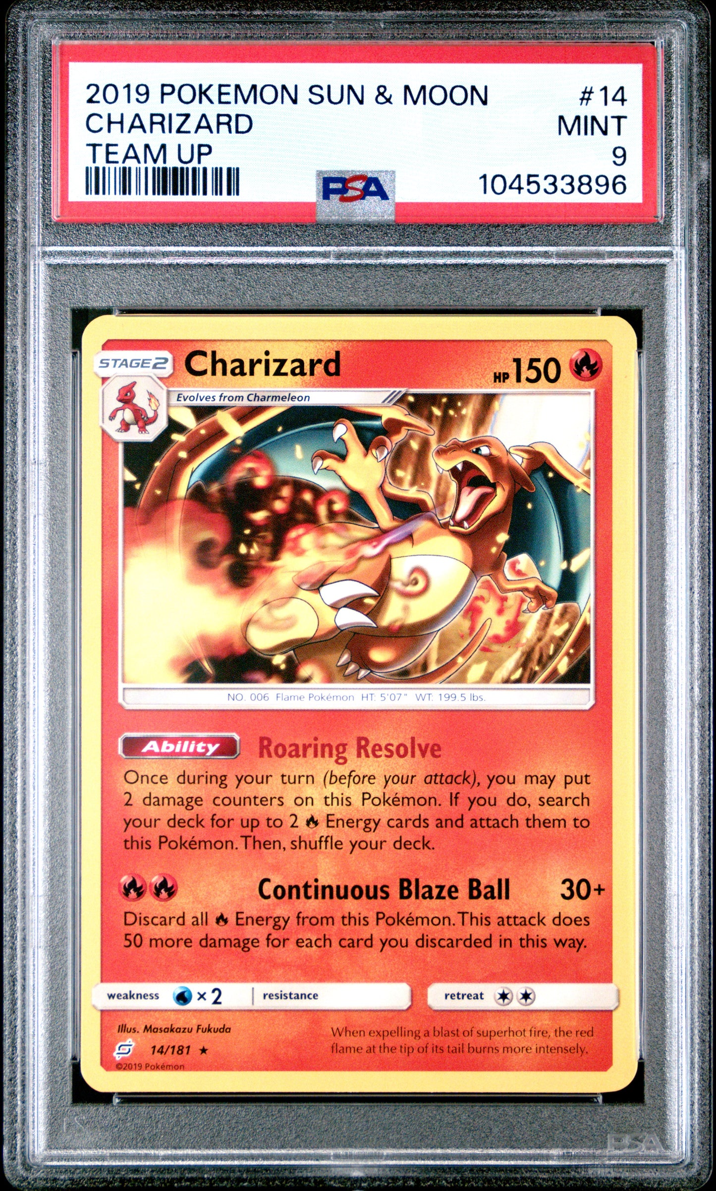 CHARIZARD 14/181 Common POKEMON SUN & MOON TEAM UP TEAM UP PSA9 MINT 9 PSA population 532 <a href=https://www.psacard.com/cert/104533896/psa>https://www.psacard.com/cert/104533896/psa</a>