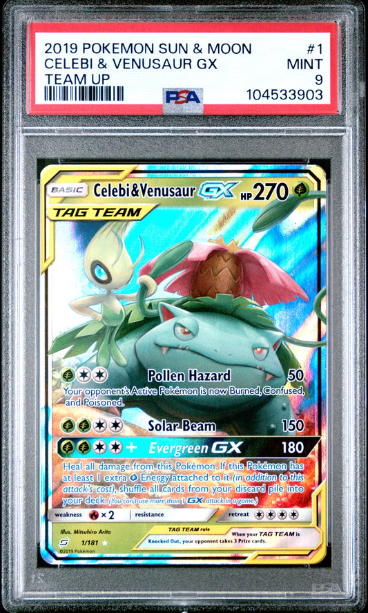 CELEBI & VENUSAUR GX 1/181 Common POKEMON SUN & MOON TEAM UP TEAM UP PSA9 MINT 9 PSA population 558 <a href=https://www.psacard.com/cert/104533903/psa>https://www.psacard.com/cert/104533903/psa</a>