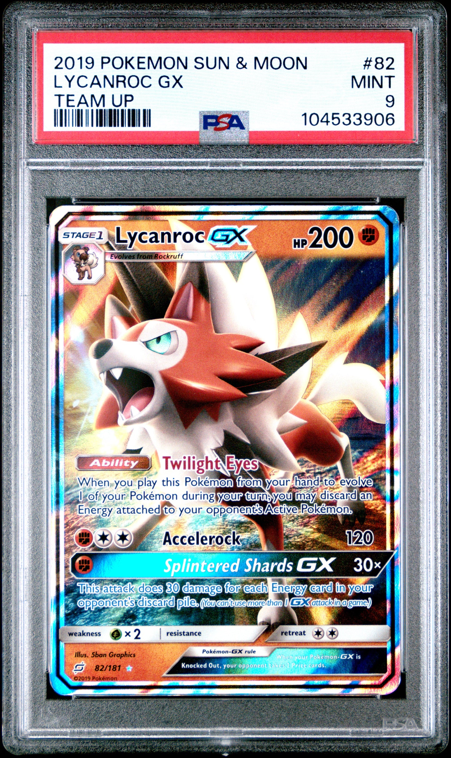 LYCANROC GX 82/181 Common POKEMON SUN & MOON TEAM UP TEAM UP PSA9 MINT 9 PSA population 35 <a href=https://www.psacard.com/cert/104533906/psa>https://www.psacard.com/cert/104533906/psa</a>