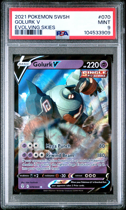 GOLURK V 70/203 Common POKEMON SWORD & SHIELD EVOLVING SKIES EVOLVING SKIES PSA9 MINT 9 PSA population 34 <a href=https://www.psacard.com/cert/104533909/psa>https://www.psacard.com/cert/104533909/psa</a>
