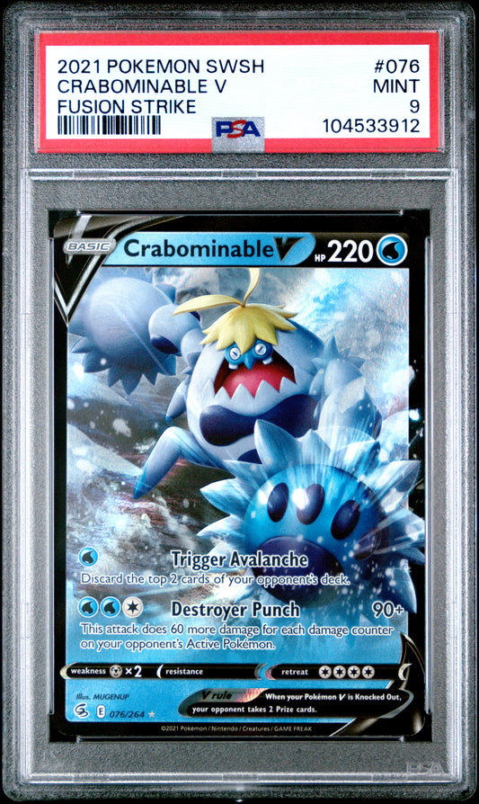 CRABOMINABLE V 76/264 Common POKEMON SWORD & SHIELD FUSION STRIKE FUSION STRIKE PSA9 MINT 9 PSA population 31 <a href=https://www.psacard.com/cert/104533912/psa>https://www.psacard.com/cert/104533912/psa</a>