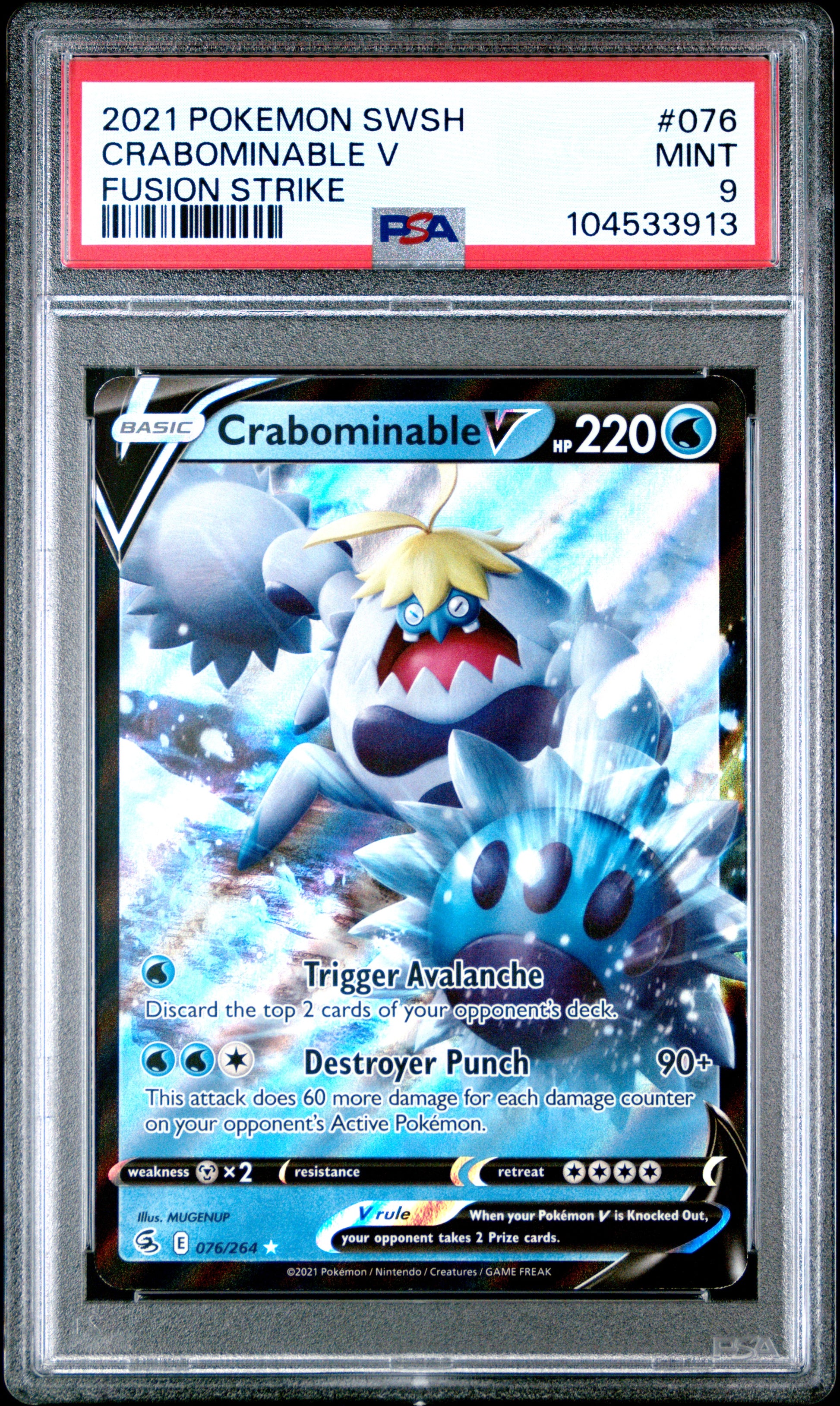CRABOMINABLE V 76/264 Common POKEMON SWORD & SHIELD FUSION STRIKE FUSION STRIKE PSA9 MINT 9 PSA population 31 <a href=https://www.psacard.com/cert/104533913/psa>https://www.psacard.com/cert/104533913/psa</a>