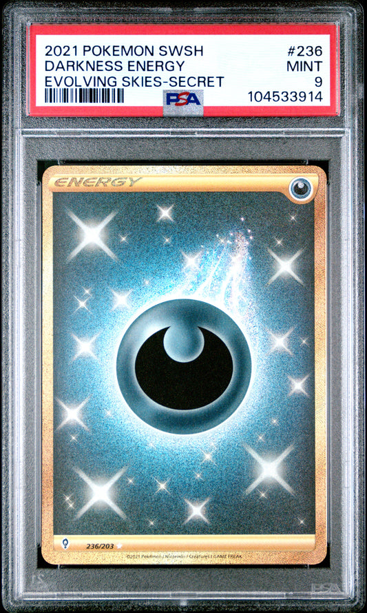 DARKNESS ENERGY 236/203 Common POKEMON SWORD & SHIELD EVOLVING SKIES EVOLVING SKIES-SECRET PSA9 MINT 9 PSA population 187 <a href=https://www.psacard.com/cert/104533914/psa>https://www.psacard.com/cert/104533914/psa</a>