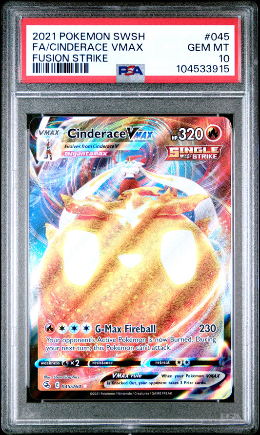 FA/CINDERACE VMAX 45/264 Common POKEMON SWORD & SHIELD FUSION STRIKE FUSION STRIKE PSA10 GEM MT 10 PSA population 237 <a href=https://www.psacard.com/cert/104533915/psa>https://www.psacard.com/cert/104533915/psa</a>