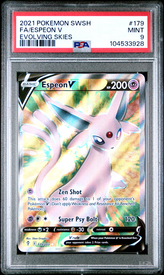 FA/ESPEON V 179/203 Common POKEMON SWORD & SHIELD EVOLVING SKIES EVOLVING SKIES PSA9 MINT 9 PSA population 438 <a href=https://www.psacard.com/cert/104533928/psa>https://www.psacard.com/cert/104533928/psa</a>