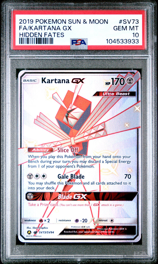 FA/KARTANA GX SV73/SV94 Common POKEMON SUN & MOON HIDDEN FATES HIDDEN FATES PSA10 GEM MT 10 PSA population 1238 <a href=https://www.psacard.com/cert/104533933/psa>https://www.psacard.com/cert/104533933/psa</a>
