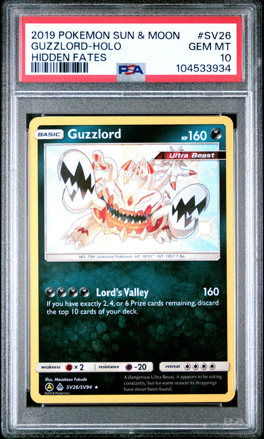 GUZZLORD-HOLO SV26/SV94 Common POKEMON SUN & MOON HIDDEN FATES HIDDEN FATES PSA10 GEM MT 10 PSA population 913 <a href=https://www.psacard.com/cert/104533934/psa>https://www.psacard.com/cert/104533934/psa</a>