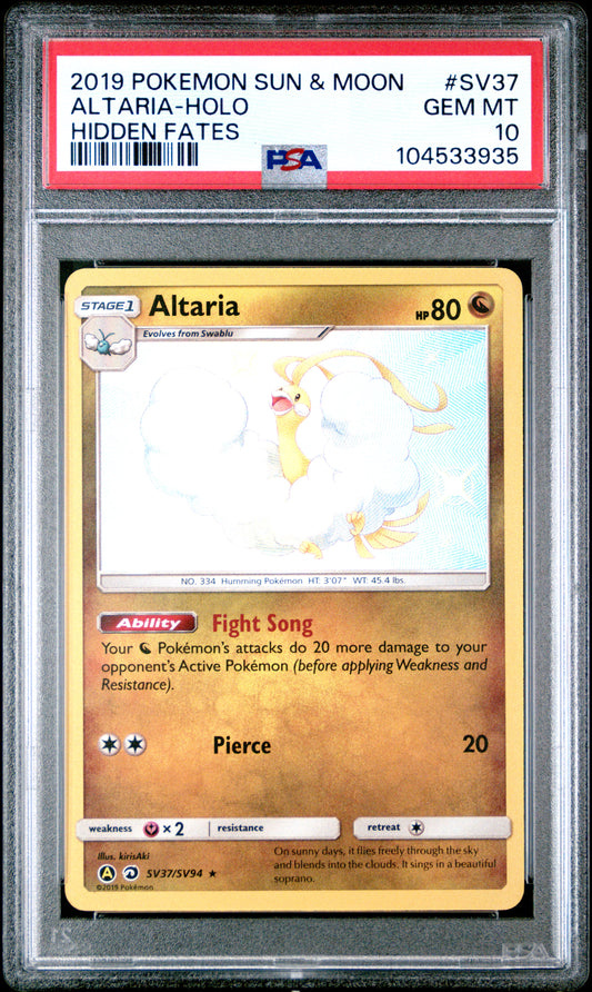 ALTARIA-HOLO SV37/SV94 Common POKEMON SUN & MOON HIDDEN FATES HIDDEN FATES PSA10 GEM MT 10 PSA population 1057 <a href=https://www.psacard.com/cert/104533935/psa>https://www.psacard.com/cert/104533935/psa</a>
