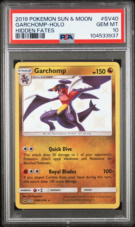 GARCHOMP-HOLO SV40/SV94 Common POKEMON SUN & MOON HIDDEN FATES HIDDEN FATES PSA10 GEM MT 10 PSA population 1255 <a href=https://www.psacard.com/cert/104533937/psa>https://www.psacard.com/cert/104533937/psa</a>