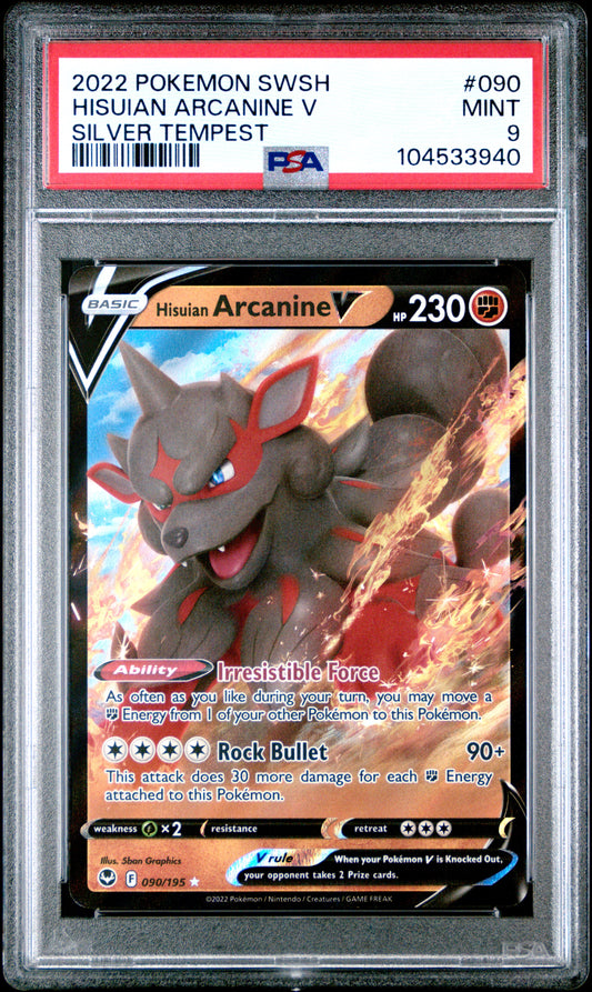 HISUIAN ARCANINE V 90/195 Common POKEMON SWORD & SHIELD SILVER TEMPEST SILVER TEMPEST PSA9 MINT 9 PSA population 120 <a href=https://www.psacard.com/cert/104533940/psa>https://www.psacard.com/cert/104533940/psa</a>
