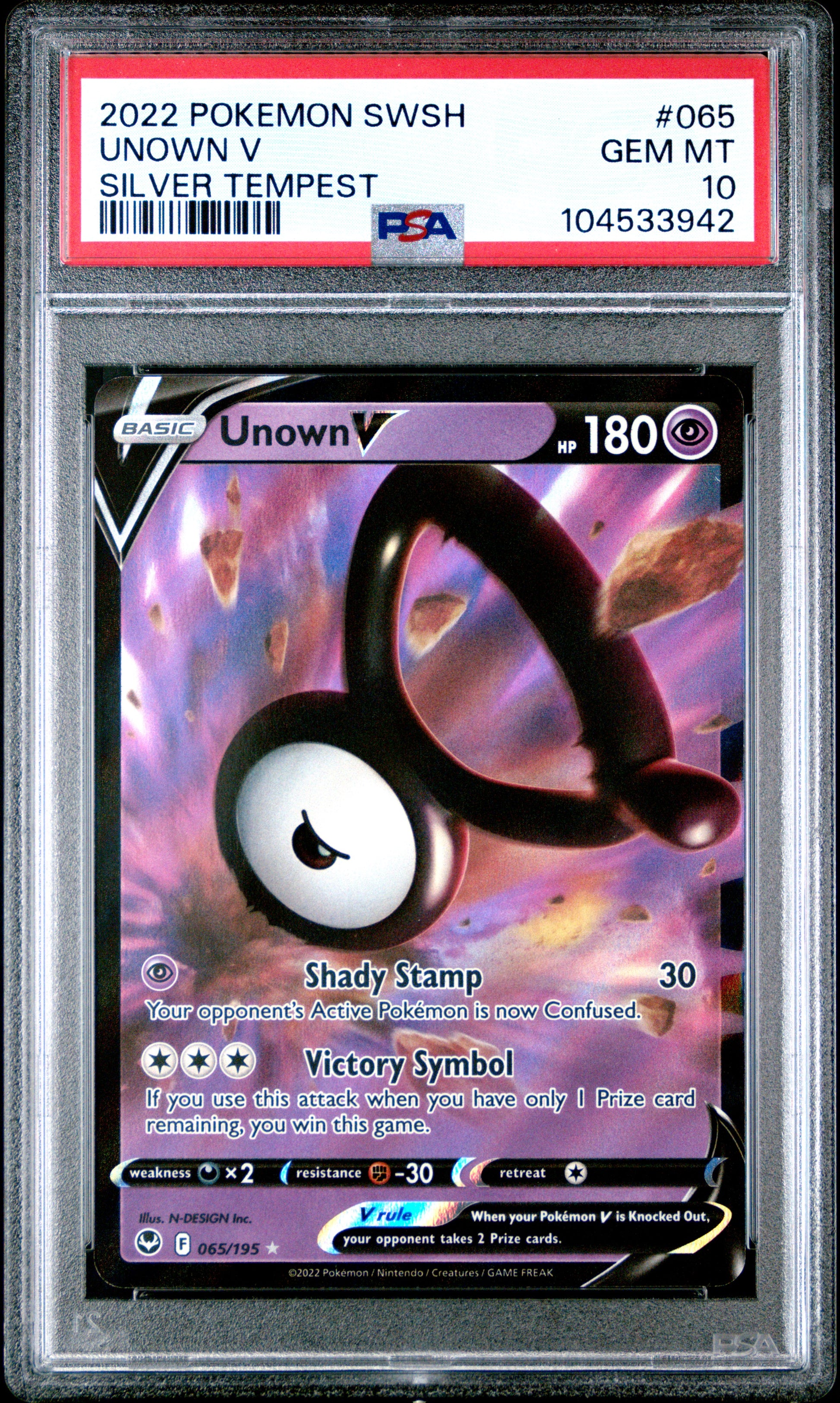 UNOWN V 65/195 Common POKEMON SWORD & SHIELD SILVER TEMPEST SILVER TEMPEST PSA10 GEM MT 10 PSA population 62 <a href=https://www.psacard.com/cert/104533942/psa>https://www.psacard.com/cert/104533942/psa</a>