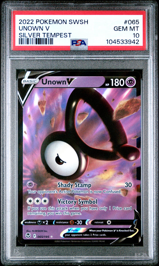 UNOWN V 65/195 Common POKEMON SWORD & SHIELD SILVER TEMPEST SILVER TEMPEST PSA10 GEM MT 10 PSA population 62 <a href=https://www.psacard.com/cert/104533942/psa>https://www.psacard.com/cert/104533942/psa</a>