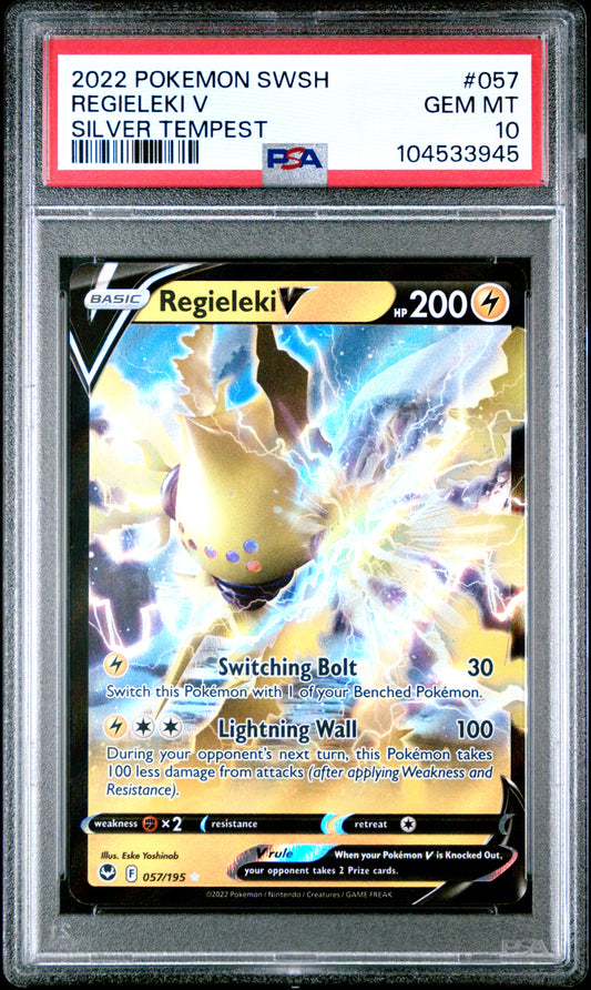 REGIELEKI V 57/195 Common POKEMON SWORD & SHIELD SILVER TEMPEST SILVER TEMPEST PSA10 GEM MT 10 PSA population 87 <a href=https://www.psacard.com/cert/104533945/psa>https://www.psacard.com/cert/104533945/psa</a>