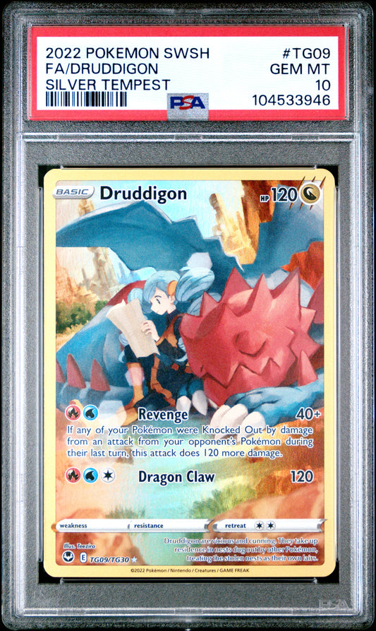 FA/DRUDDIGON TG09/TG30 Common POKEMON SWORD & SHIELD SILVER TEMPEST SILVER TEMPEST PSA10 GEM MT 10 PSA population 292 <a href=https://www.psacard.com/cert/104533946/psa>https://www.psacard.com/cert/104533946/psa</a>