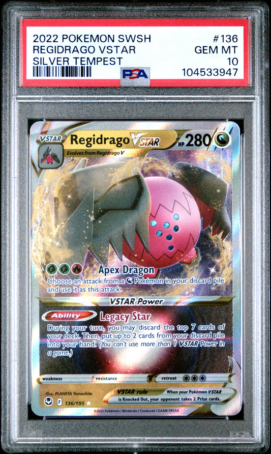 REGIDRAGO VSTAR 136/195 Common POKEMON SWORD & SHIELD SILVER TEMPEST SILVER TEMPEST PSA10 GEM MT 10 PSA population 192 <a href=https://www.psacard.com/cert/104533947/psa>https://www.psacard.com/cert/104533947/psa</a>