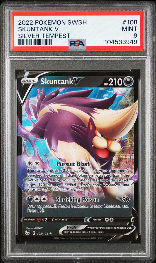 SKUNTANK V 108/195 Common POKEMON SWORD & SHIELD SILVER TEMPEST SILVER TEMPEST PSA9 MINT 9 PSA population 40 <a href=https://www.psacard.com/cert/104533949/psa>https://www.psacard.com/cert/104533949/psa</a>