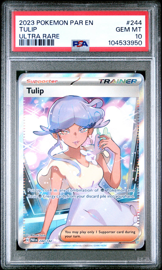 TULIP 244/182 Common POKEMON PAR EN-PARADOX RIFT ULTRA RARE PSA10 GEM MT 10 PSA population 249 <a href=https://www.psacard.com/cert/104533950/psa>https://www.psacard.com/cert/104533950/psa</a>