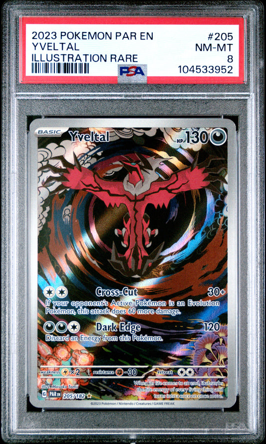 YVELTAL 205/182 Common POKEMON PAR EN-PARADOX RIFT ILLUSTRATION RARE PSA8 NM-MT 8 PSA population 331 <a href=https://www.psacard.com/cert/104533952/psa>https://www.psacard.com/cert/104533952/psa</a>