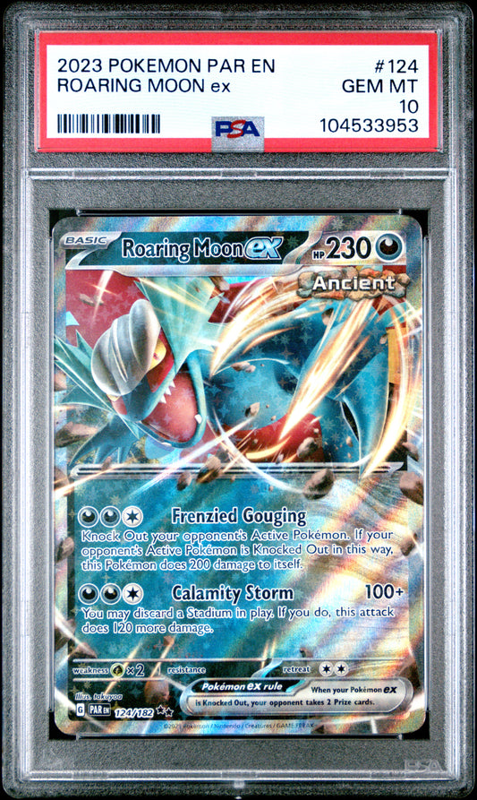 ROARING MOON EX 124/182 Common POKEMON PAR EN-PARADOX RIFT PSA10 GEM MT 10 PSA population 200 <a href=https://www.psacard.com/cert/104533953/psa>https://www.psacard.com/cert/104533953/psa</a>