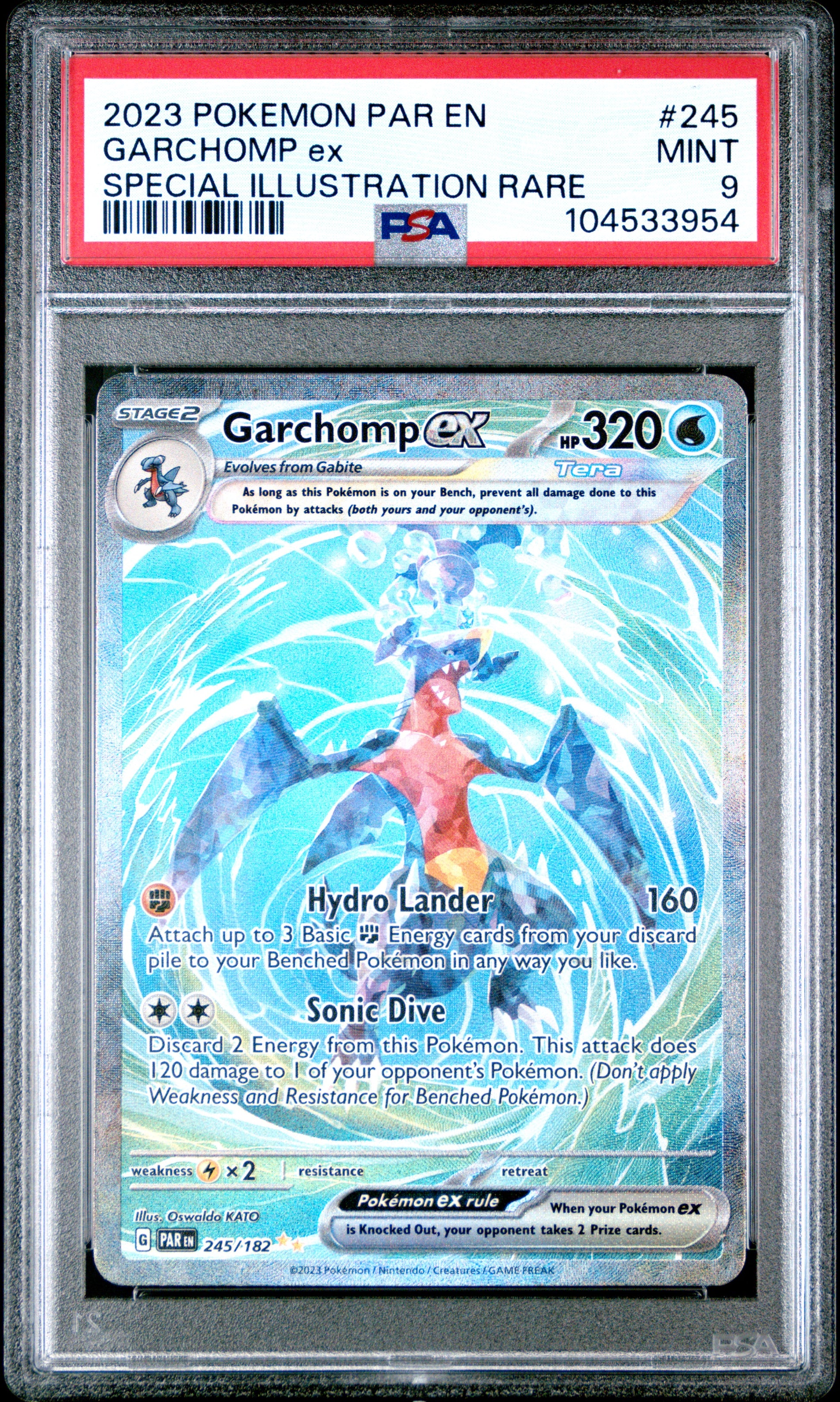 GARCHOMP EX 245/182 Common POKEMON PAR EN-PARADOX RIFT SPECIAL ILLUSTRATION RARE PSA9 MINT 9 PSA population 2359 <a href=https://www.psacard.com/cert/104533954/psa>https://www.psacard.com/cert/104533954/psa</a>