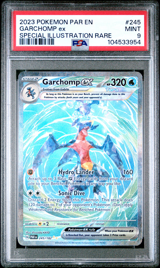 GARCHOMP EX 245/182 Common POKEMON PAR EN-PARADOX RIFT SPECIAL ILLUSTRATION RARE PSA9 MINT 9 PSA population 2359 <a href=https://www.psacard.com/cert/104533954/psa>https://www.psacard.com/cert/104533954/psa</a>