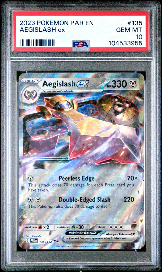 AEGISLASH EX 135/182 Common POKEMON PAR EN-PARADOX RIFT PSA10 GEM MT 10 PSA population 45 <a href=https://www.psacard.com/cert/104533955/psa>https://www.psacard.com/cert/104533955/psa</a>